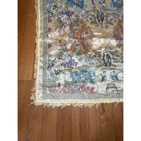 Vintage Chinese Silk Embroidered Tapestry 36" Square Pagoda Dragon Lion Dance - Picture 4 of 11